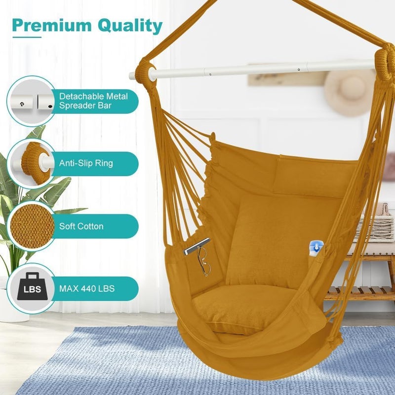 Outerman Hammock Chair, Hanging Chair with 3 Cushions and Foot Rest Support, Sturdy Metal Spreader Bar Max 500Lbs, Swing Chair for Bedroom, Indoor & Outdoor, Patio, Porch or Tree（Khaki） - Image 3
